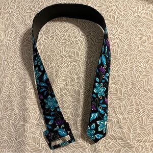 Black w/ Teal & Purple Floral Pattern Faux Leather Belt with Silver Accents